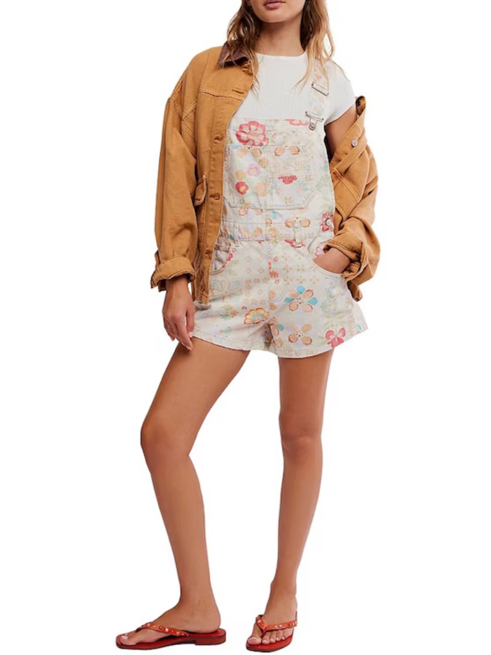 We the free Ziggy Floral Printed Square Neck Sleeveless Denim Shortall